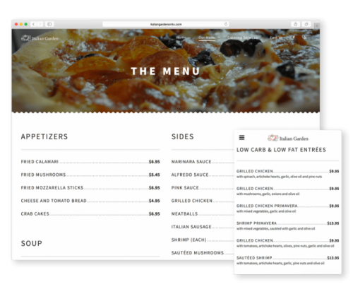 A screenshot of Italian Garden's online menu, on desktop and mobile