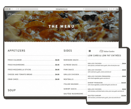 A screenshot of Italian Garden's online menu, on desktop and mobile