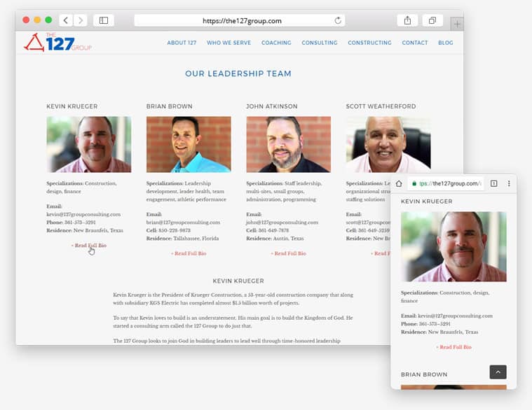 Screenshots of the 127 Group biography page on desktop and mobile