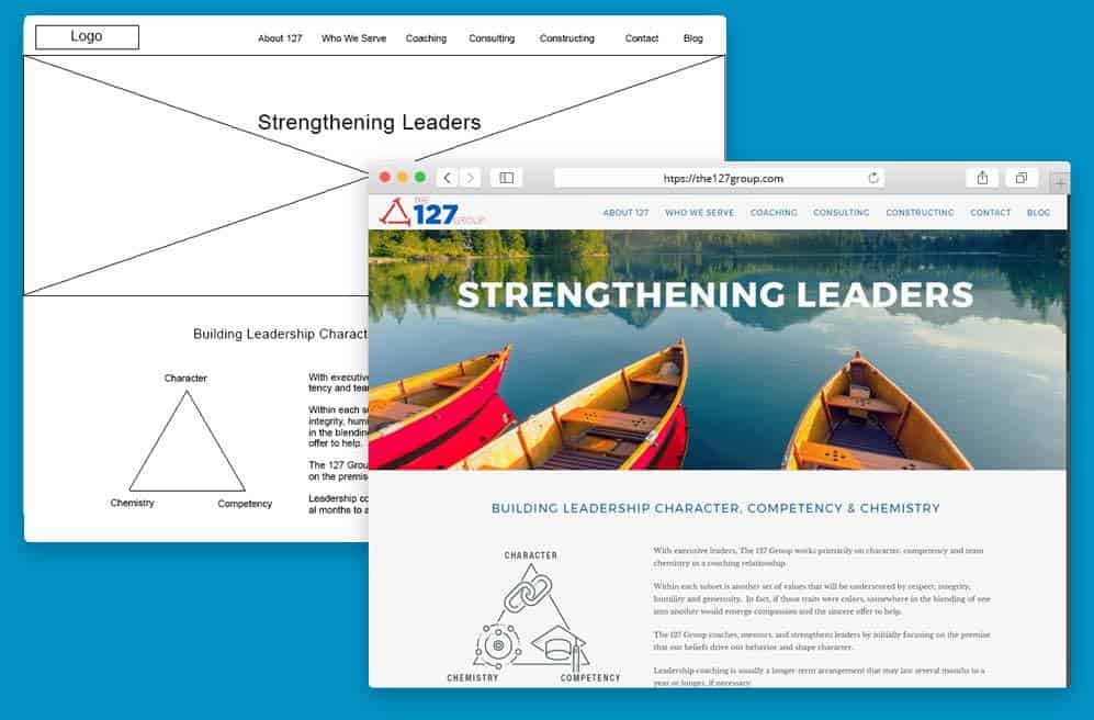 A comparison of the site wireframes vs. the final product