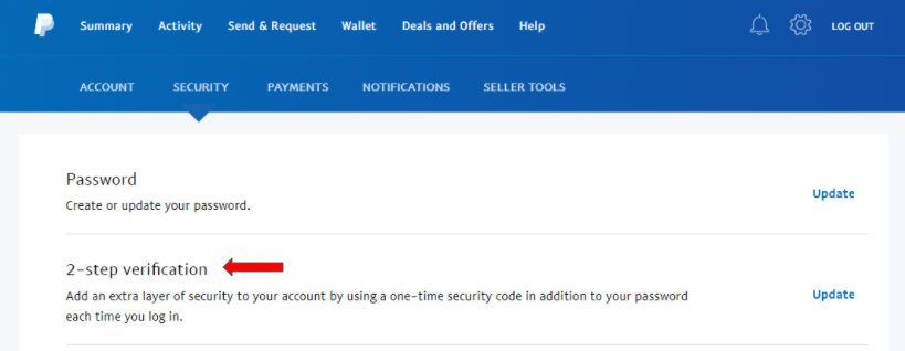 Screenshot showing security settings in a PayPal account.