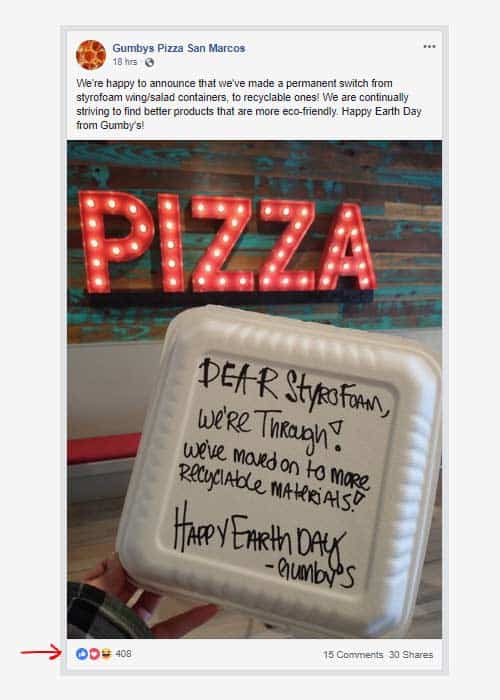 A screenshot of the Earth Day 2019 Facebook post by Gumbys Pizza San Marcos