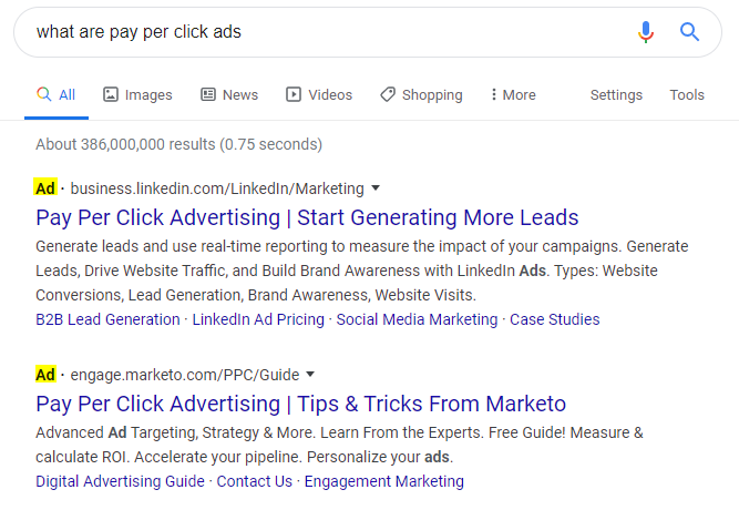 Example of PPC ads in Google search results