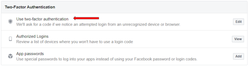 Screenshot showing security settings in a Facebook account