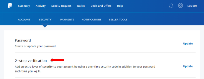 Screenshot showing security settings in a PayPal account