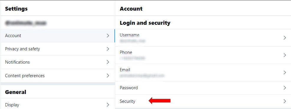 Screenshot showing security settings in a Twitter account