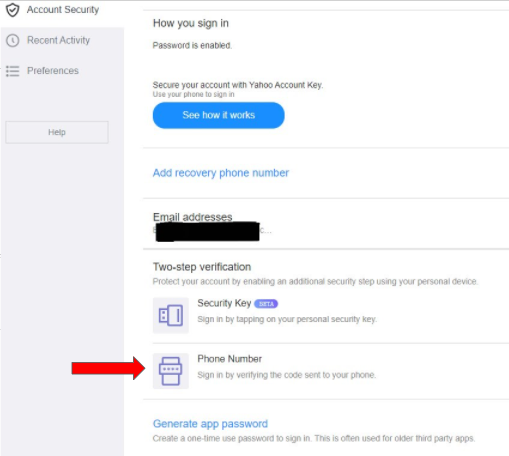 Screenshot showing security settings in a Yahoo! account.