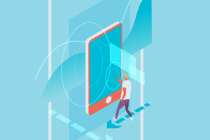Illustration of a person browsing the web on a giant smart phone