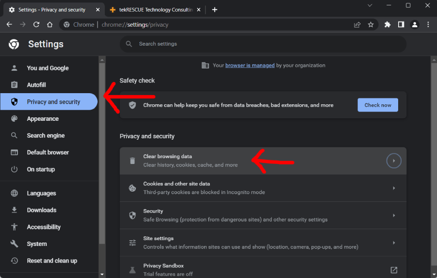 Screenshot showing how to find the settings to clear browsing data in Chrome for Windows 11