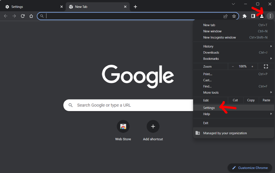 Screenshot showing how to find settings in Chrome Windows 11