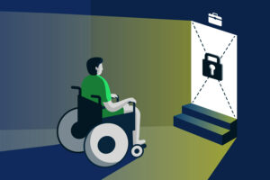 Illustration of a person in a wheelchair looking at an entryway blocked off by a lock and chain