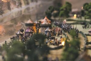 Photo depicting 8th century mini figurine soldiers in their base camp during a time of battle