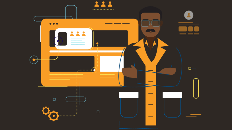 An illustration of a man next to PHI data, representing Austin HIPAA compliance.