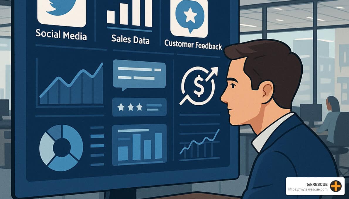 AI analyzing multiple data sources including social media, sales data, customer feedback, and market trends - ai for business analytics