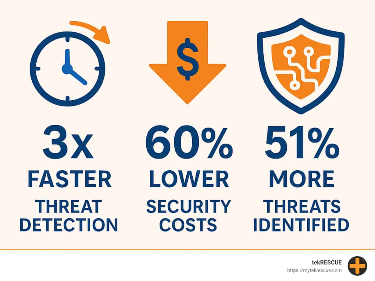 Statistics on AI cybersecurity effectiveness showing detection speed, cost reduction, and improved threat identification compared to traditional methods - ai cyber threat prevention infographic 