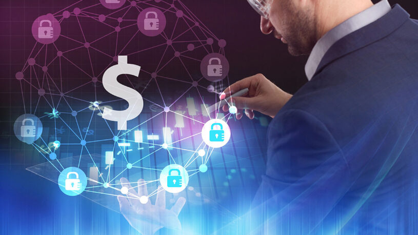 A man is using a virtual screen with icons depicting padlocks and a dollar sign.