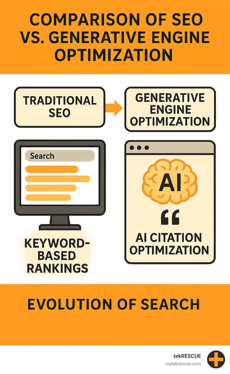 Comparison of traditional SEO vs generative engine optimization showing the evolution from keyword-based rankings to AI citation optimization - generative engine optimization AISEO AIEO infographic "