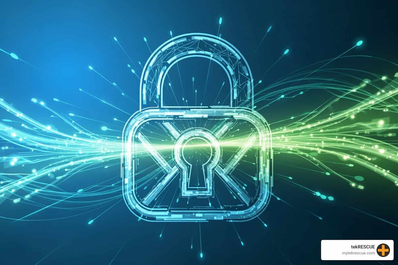 Digital lock icon with data streams flowing through it securely, symbolizing robust cybersecurity and data protection measures - it services company