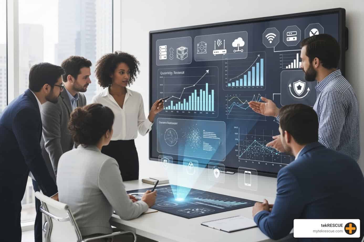 Team collaborating on a digital whiteboard with growth charts and tech icons, symbolizing strategic IT planning and future growth initiatives - it services company