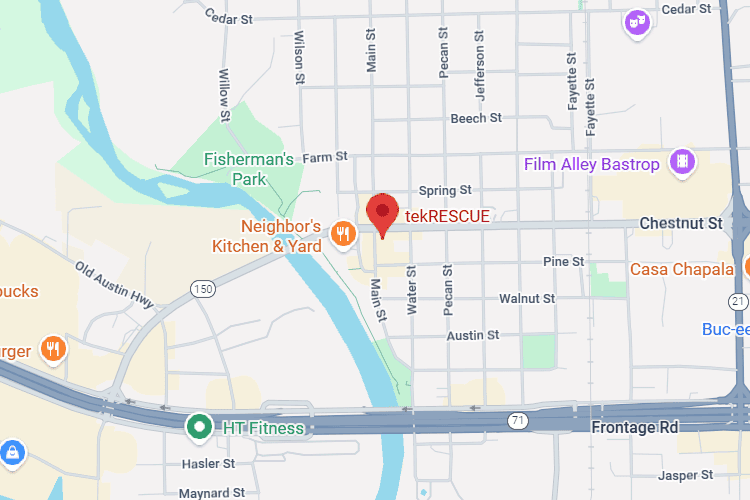 A map showing tekRESCUE's office in Bastrop, TX.