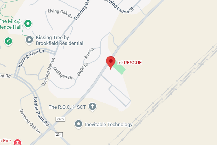 A map showing tekRESCUE's office in San Marcos, TX.