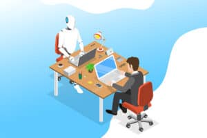An illustration depicting a humanoid robot and a businessman working together at a modern desk with laptops, surrounded by office supplies, a plant, and a lamp.