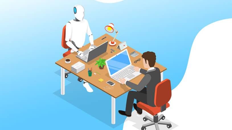An illustration depicting a humanoid robot and a businessman working together at a modern desk with laptops, surrounded by office supplies, a plant, and a lamp.