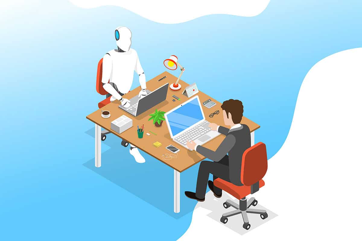 An illustration depicting a humanoid robot and a businessman working together at a modern desk with laptops, surrounded by office supplies, a plant, and a lamp.