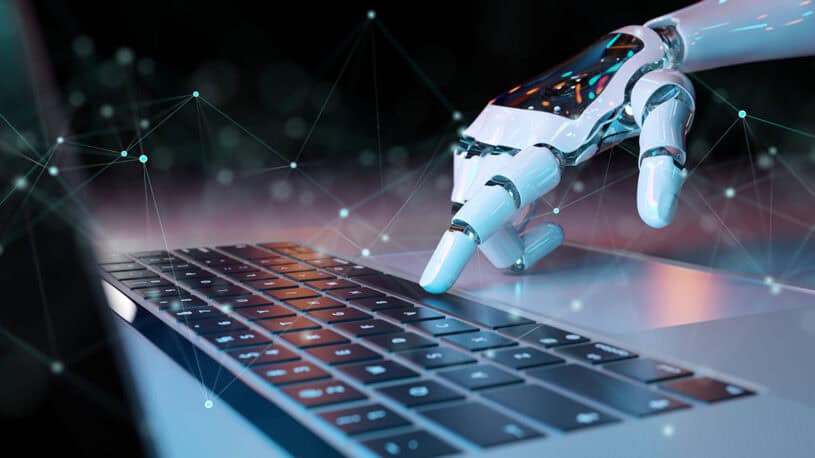 A robotic hand reaching towards a laptop keyboard, with a dark, abstract background featuring interconnected lines and dots representing technology and connectivity.