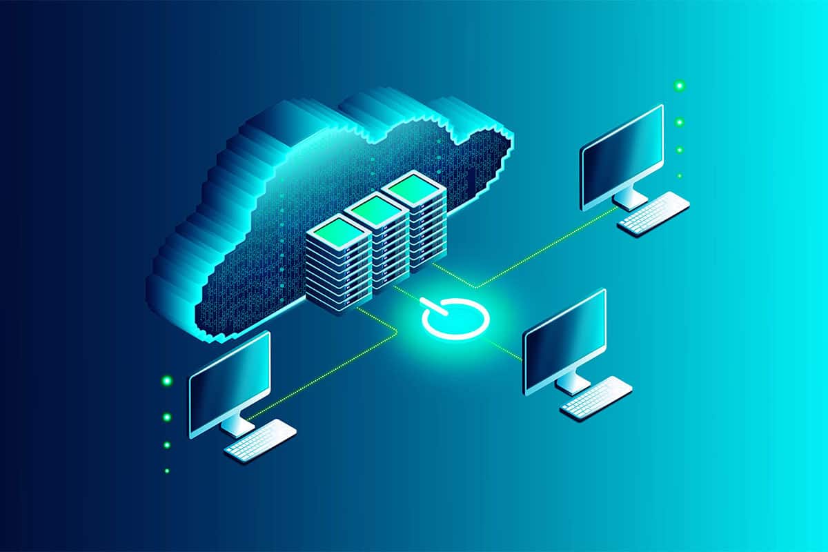 Illustration of a cloud computing concept featuring a stylized cloud with data servers inside, connected to three desktop computers by dotted lines, with a central power icon illuminated.