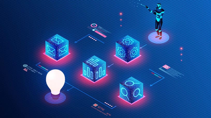 A healthcare professional in a lab coat examines a tablet, with digital health icons and a glowing medical cross graphic overlay.