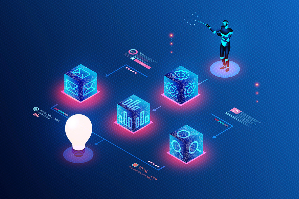 A healthcare professional in a lab coat examines a tablet, with digital health icons and a glowing medical cross graphic overlay.