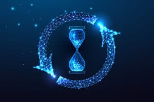 A digital illustration of a blue, glowing hourglass encircled by two arrows, symbolizing time management or recycling concepts. The background is dark, highlighting the luminescent geometric design.