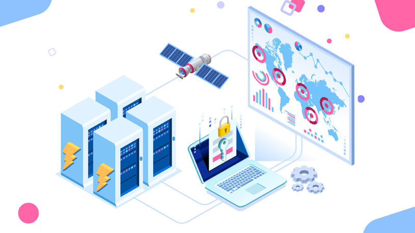 An illustration depicting a networked system featuring several data servers, a laptop displaying a secure access screen, a satellite, and a large monitor with global maps and various data visualizations.