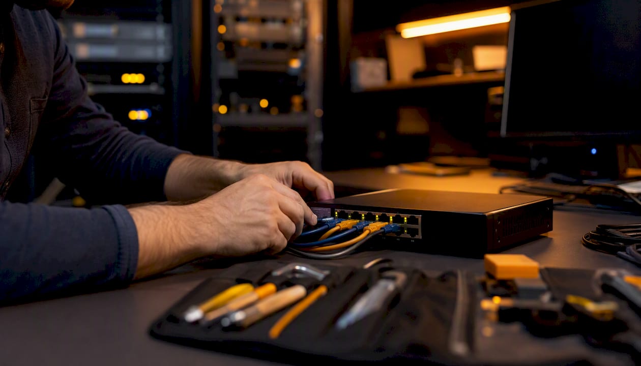 Hands connecting network cable to server