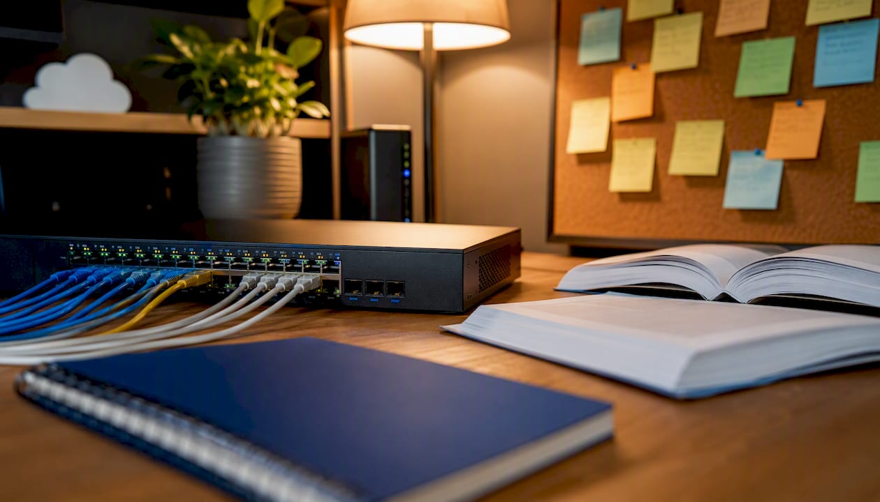 Network switch with cables in office setting