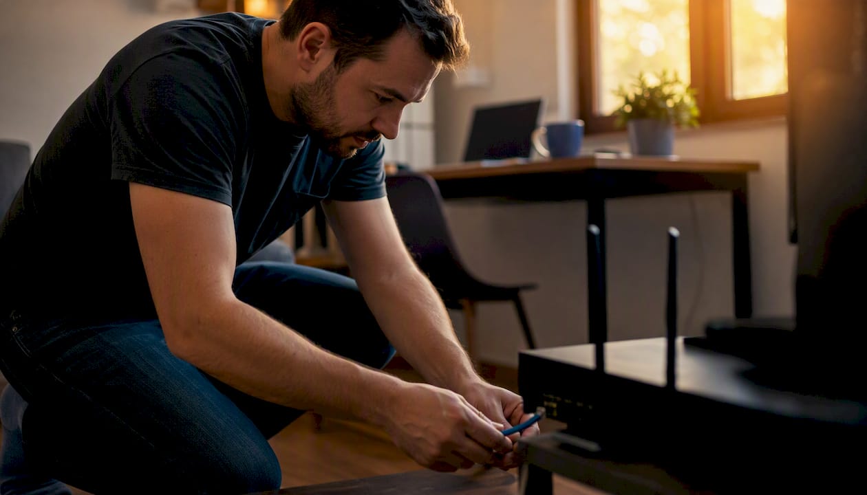 Hands connecting Ethernet cable to router
