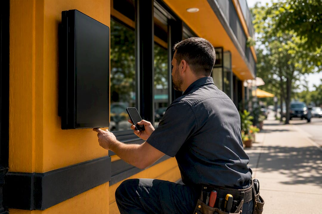 Technician verifying storefront location data outdoors