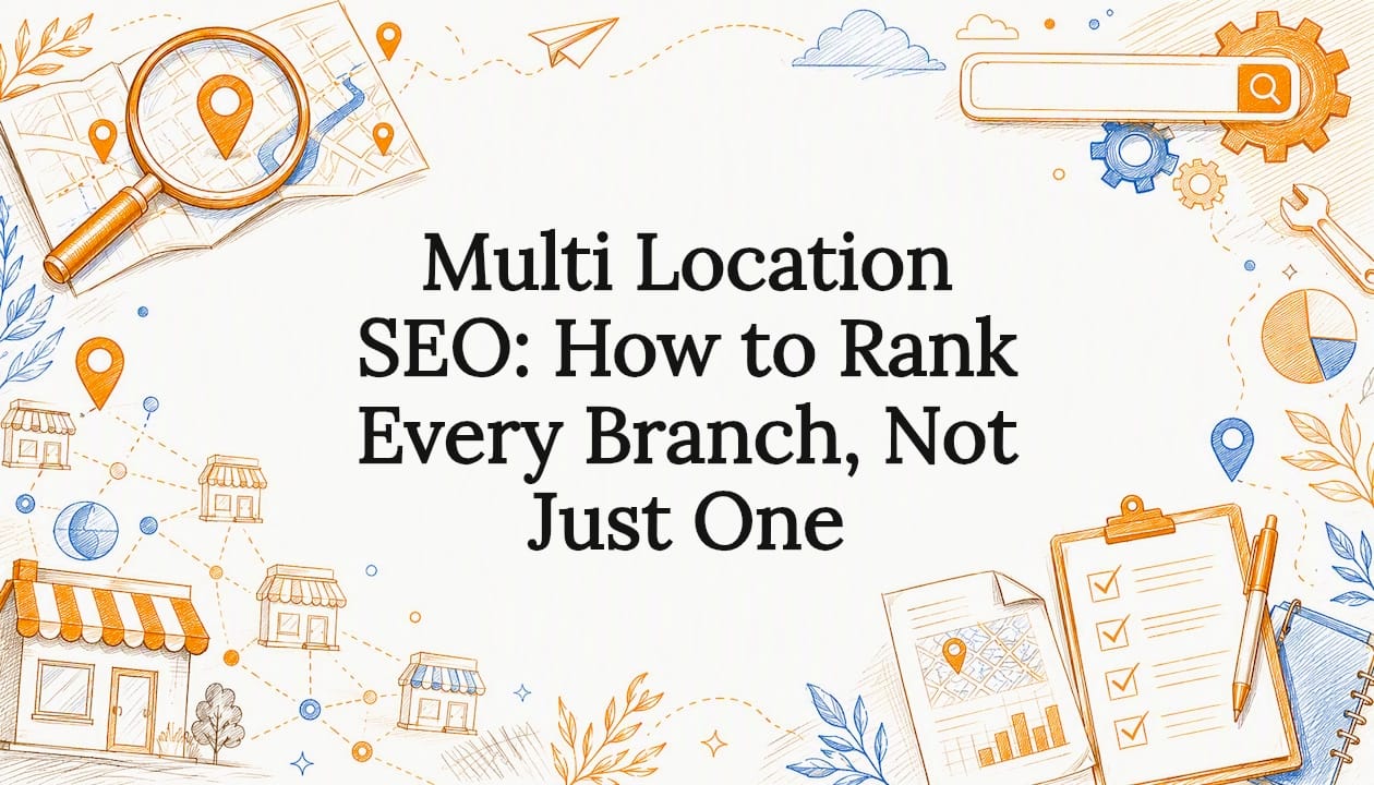 Decorative title card with SEO and local map sketches