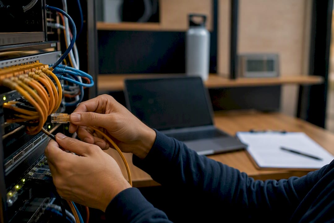 Hands wiring network cables representing subcontractor compliance