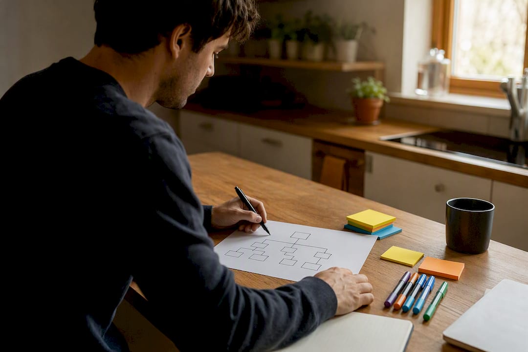 Desk with web page planning materials