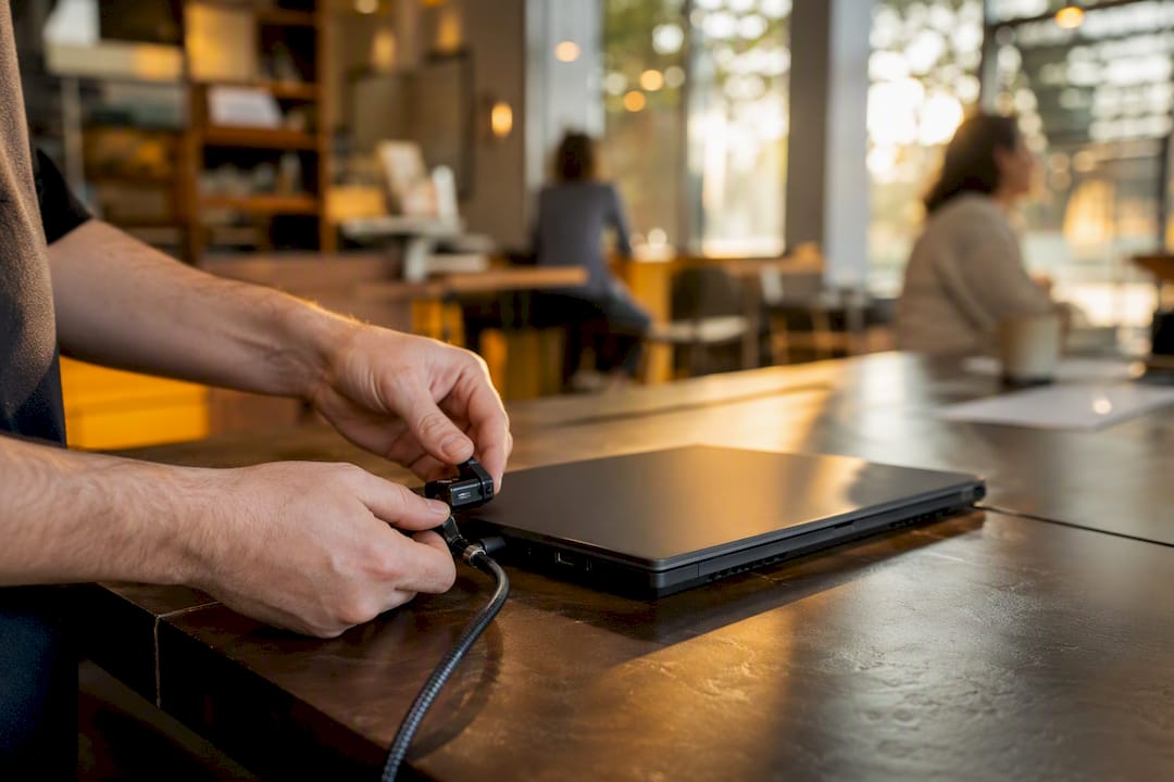 Hands attaching security token to laptop