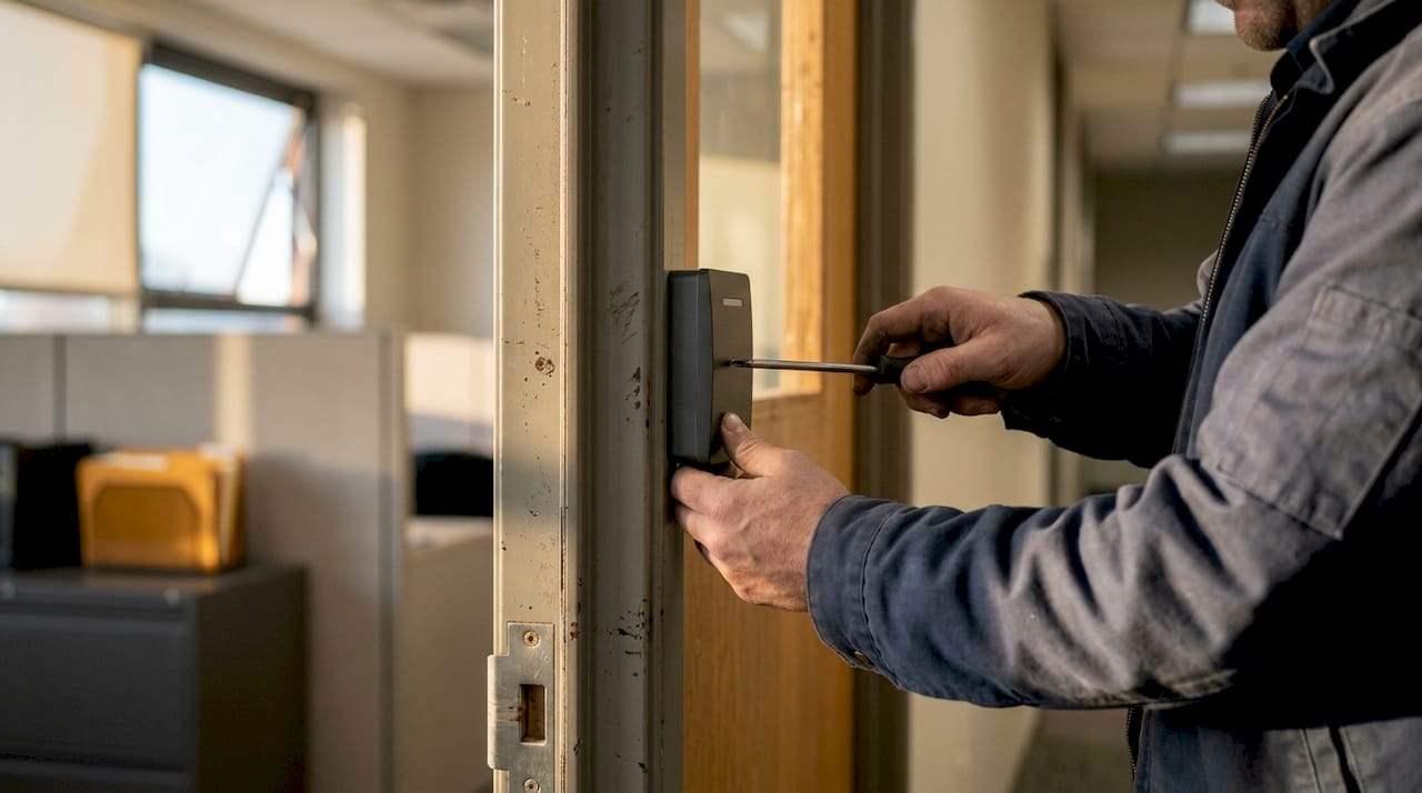 Technician hands installing access control device