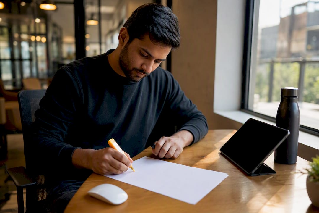 Hands refining marketing content draft on blank paper