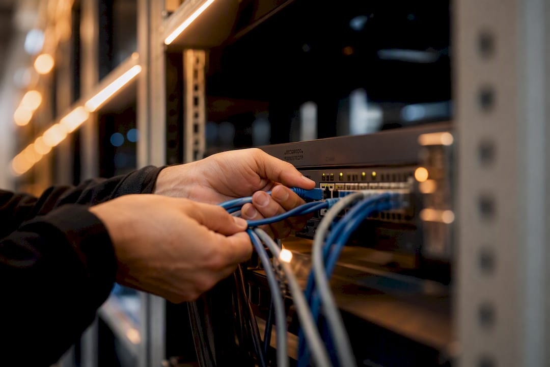 Hands connecting networking cable in healthcare server room