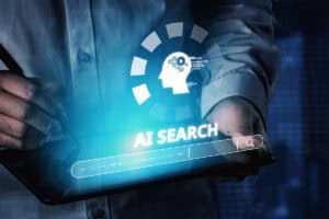 Businessperson using tablet with AI search interface
