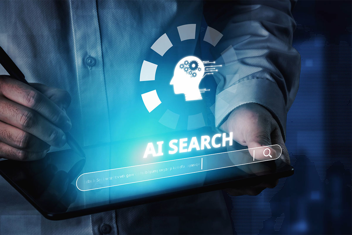 Businessperson using tablet with AI search interface