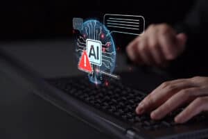 Hands typing beside AI warning and chat interface