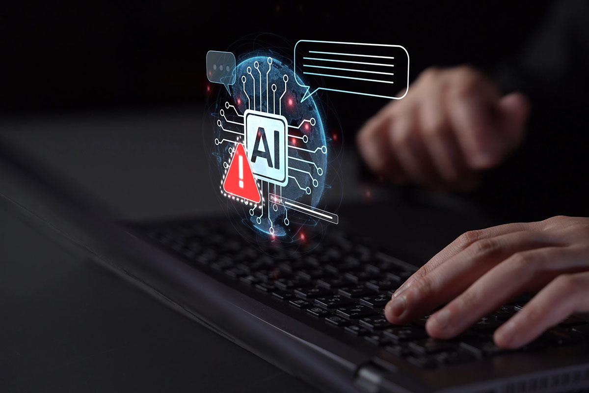 Hands typing beside AI warning and chat interface