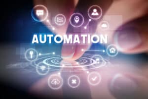 Finger touching automation interface with connected smart technology icons